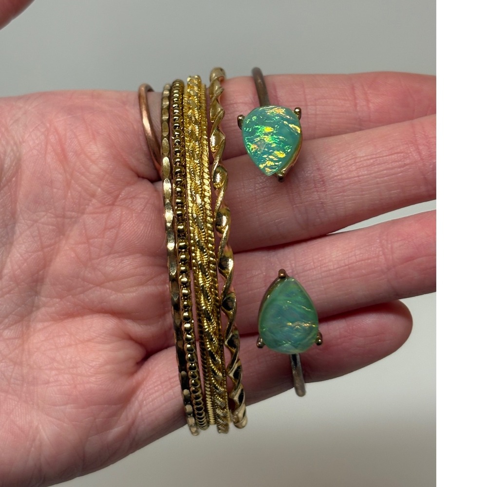 Gold Bronze Bangle Bracelet Set 5pc Faux Green Opal Cuff